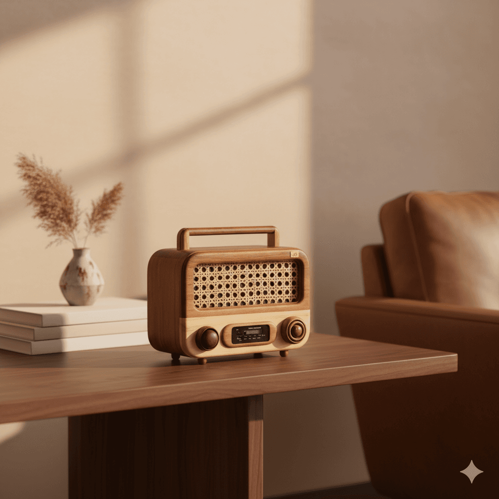 Produk radio kayu di ruang keluarga
