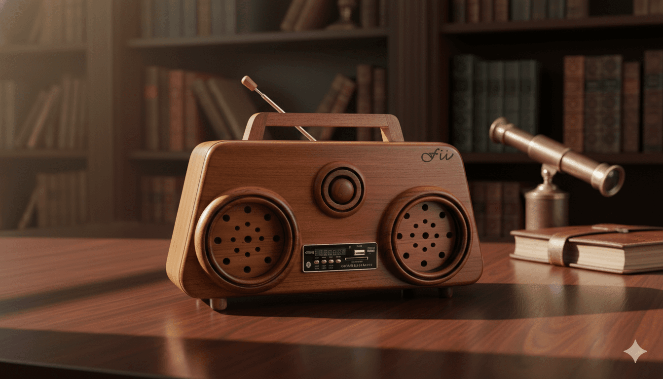 Produk radio kayu di meja kerja